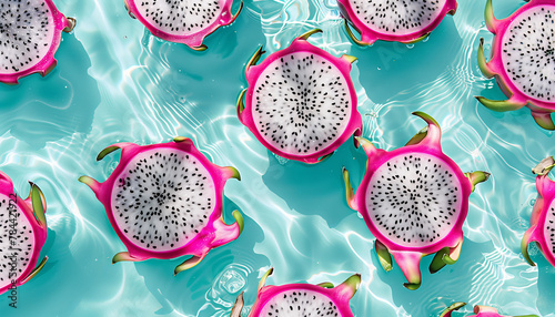 Fresh juicy dragon fruit halves pattern on clear refreshing turquoise summer water background.