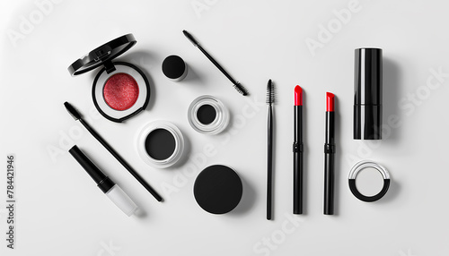 set of cosmetics on a white table on a white background top view