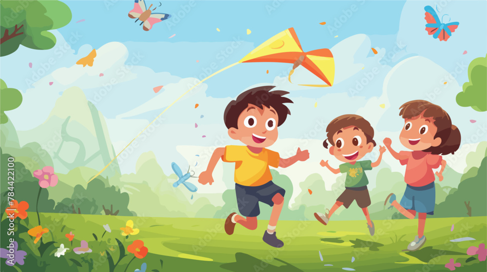 Happy children playing in summer park flat vector illustration