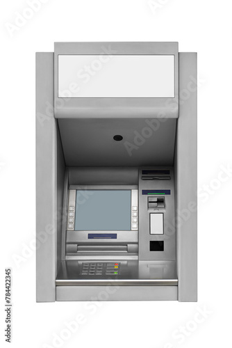 Gray wall mounted ATM cash machine with blank screen isolated. Transparent PNG image.