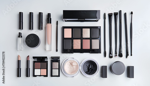 set of cosmetics on a white table on a white background top view