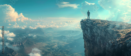 The image of a male executive gazing out at an expansive view from a rocky cliff symbolizes a leader's ability to see the bigger picture in the business world.