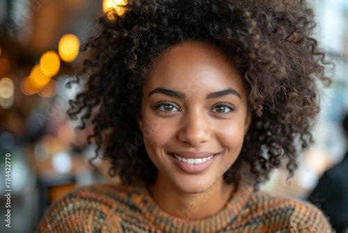 Happy African American Woman Smiling at Camera in Cozy Café Setting, Beautiful Portrait of Female Enjoying Coffee Shop Atmosphere