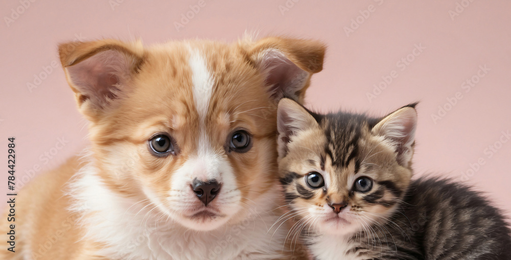 puppy and kitten together, soft pink background puppy and kitten together, soft pink background