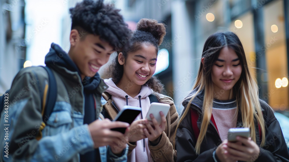 Fototapeta premium Multi-ethnic group of teenagers using smart phones city street view background