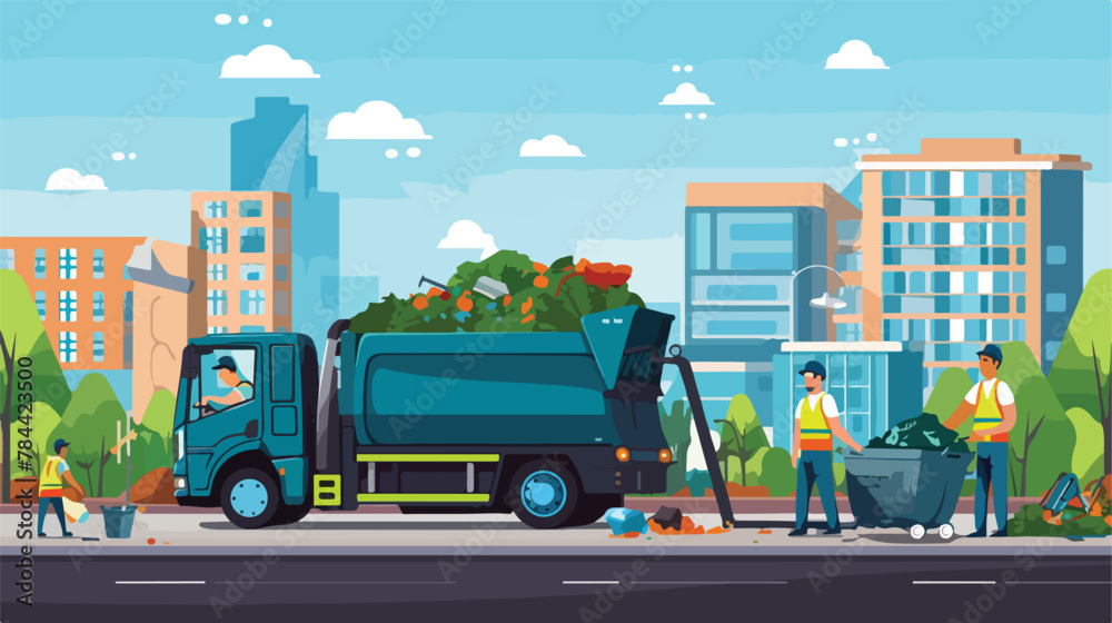 Happy volunteers cleaning city vector illustration.