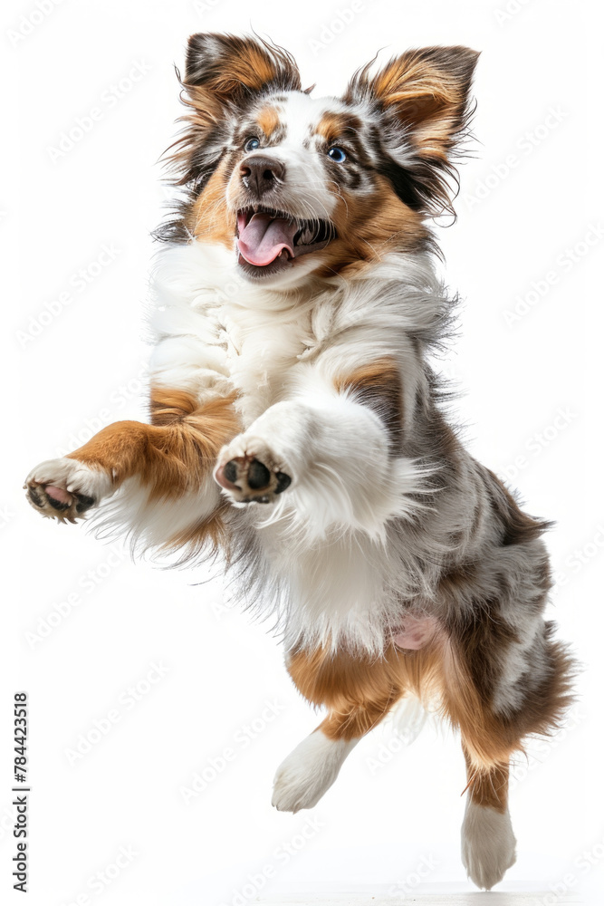 A happy Australian Shepherd dog jumping energetically on an isolated background