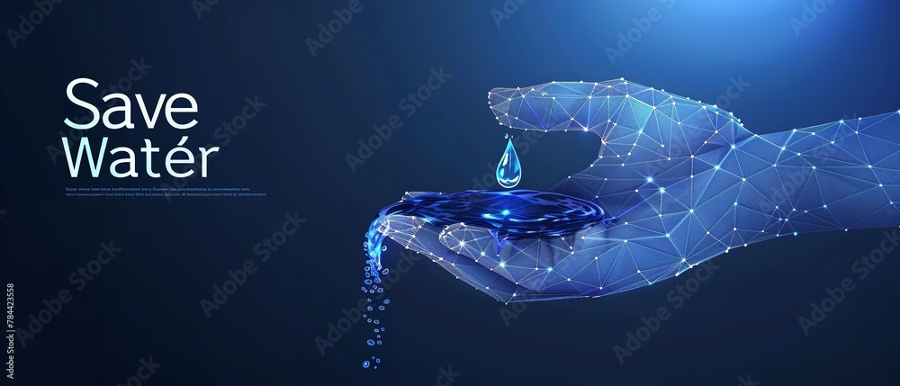 In a dark backdrop an abstract wireframe hand holding a drop of water with written save water in backdrop with space, Generative AI.