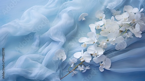 Ethereal blue silk layered delicately with luxurious white orchid branch. 