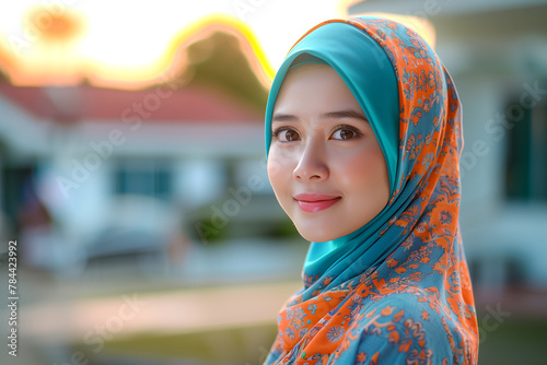 Portrait of young asian muslim woman wearing hijab head scarf in city while looking at camera. Closeup face of cheerful woman covered with headscarf smiling out, blurred background