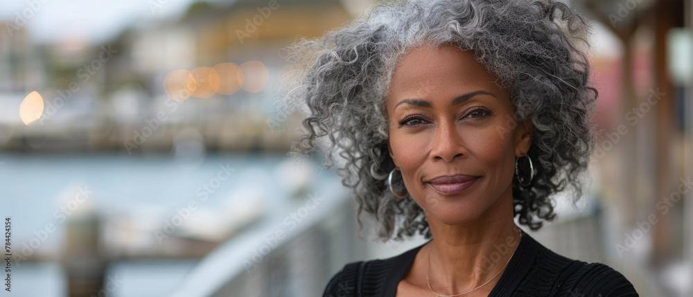 Joyful elderly African American lady with gray curly hair taking a leisurely stroll by a picturesque waterfront boardwalk - obrazy, fototapety, plakaty 
