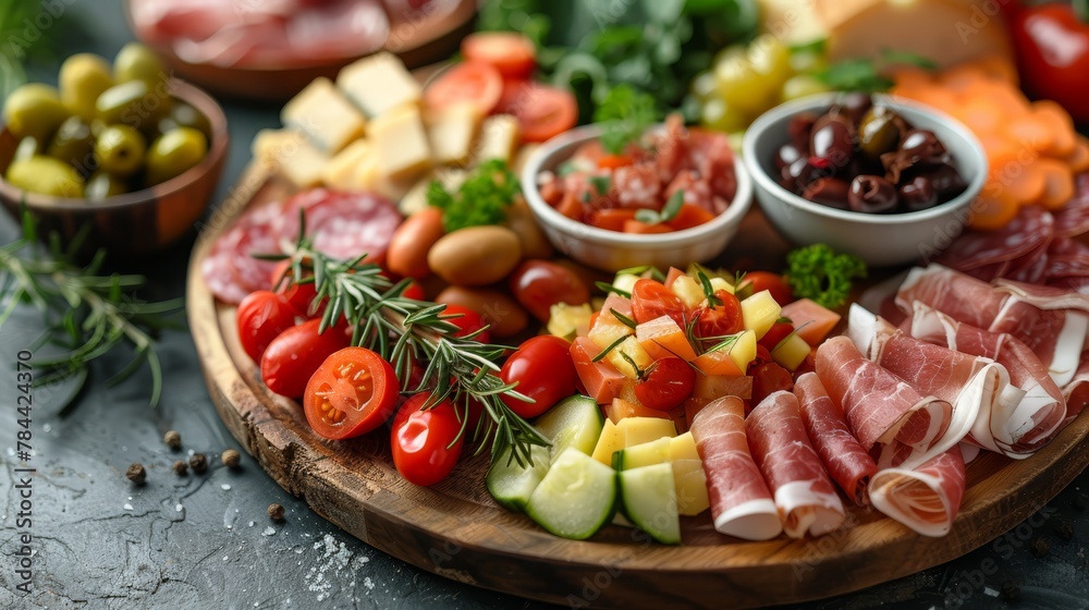   A platter of meats, cheeses, olives, tomatoes, cucumbers, and grapes (Corrected olives to olives and