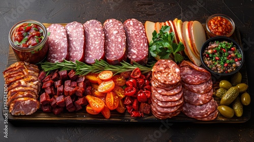   A wooden tray holds a variety of meats, vegetables, and condiments artfully arranged on a table