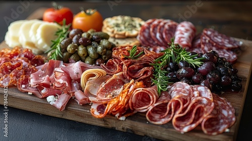  A cutting board displays a selection of meats, cheeses, olives, tomatoes, and bread