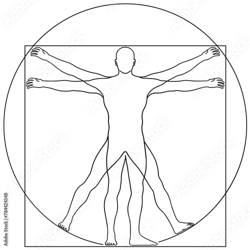 Vector Illustration Based on Leonardo da Vinci’s Vitruvian Man. Concept of Ideal Proportions of the Human Body. Outline Style