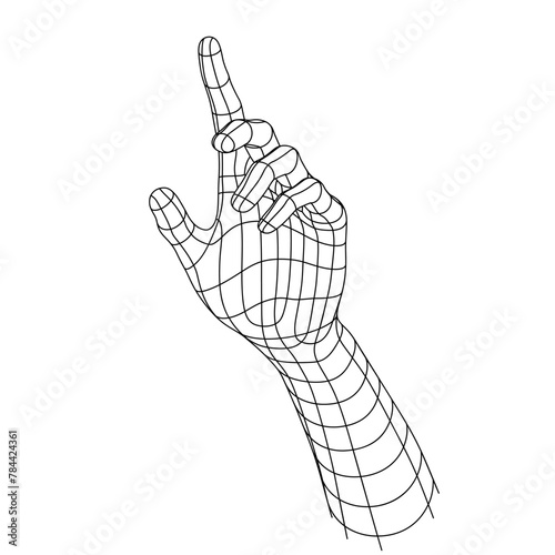 Wireframe or Polygonal Mesh Hand Touching the Screen in Front of Viewer