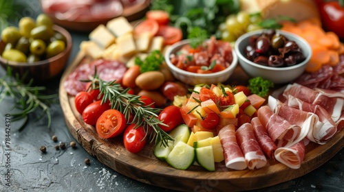  A platter of meats, cheeses, olives, tomatoes, cucumbers, and grapes (Corrected olives to olives and