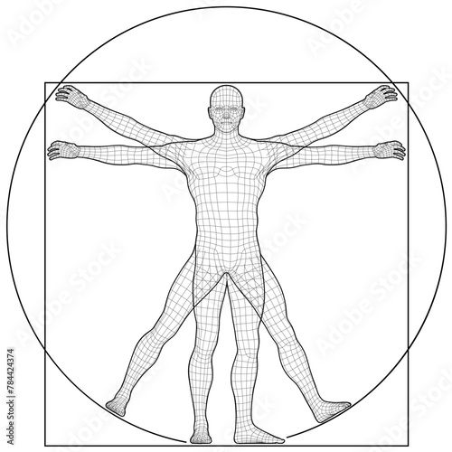 Vector Illustration Based on Leonardo da Vinci’s Vitruvian Man. Concept of Ideal Proportions of the Human Body. 3D Mesh Style