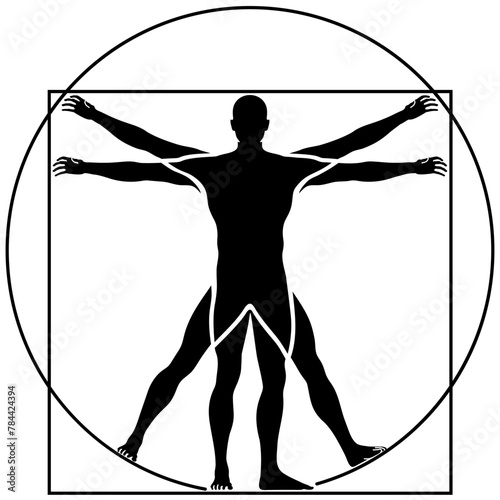 Vector Illustration Based on Leonardo da Vinci's Vitruvian Man. Concept of Ideal Proportions of the Human Body. Silhouette Style