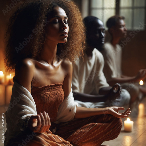 beautiful black woman with other people practising yoga indoor photo