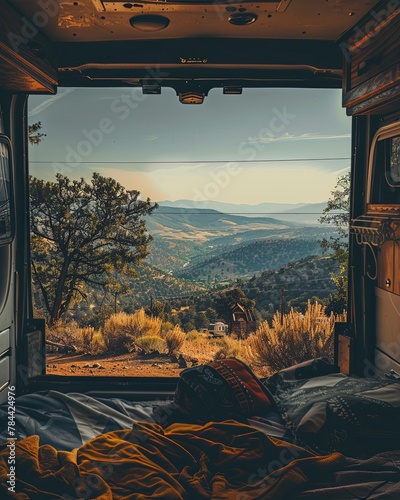 parked camper overlooking the landscape. view from the inside through a large window. generative ai