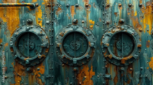 A tight shot of a weathered metal door with two round knobs – one on the front and one on the back