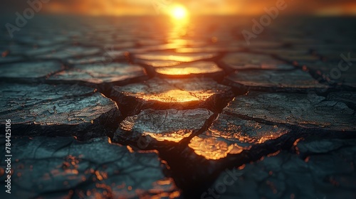 The sun sets over the mirror-like water, its reflection distorted by the cracked surface