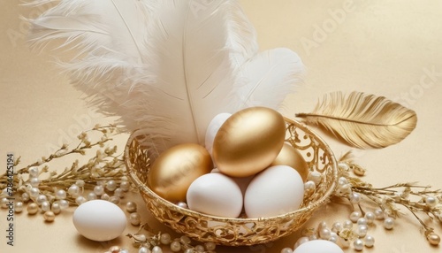 a white and gold background with feathers, flowers and eggs