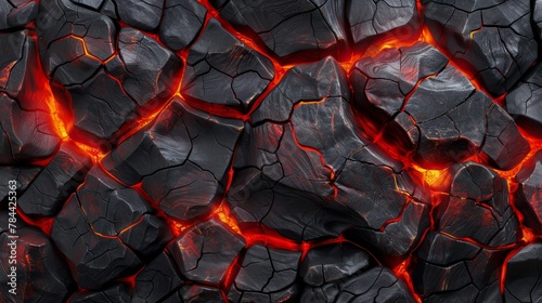  A detailed shot of a rock formation with molten lava flowing in the heart, and red flames erupting from the rocks