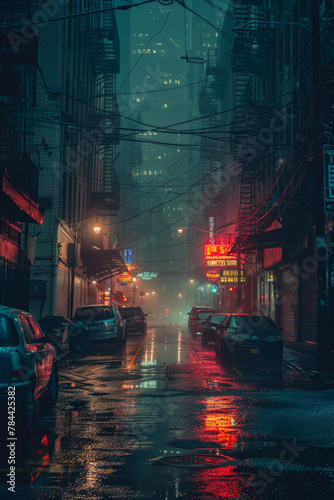 A dark cyberpunk Gotham's alley on a foggy rainy night, depicting a city rife with corruption and crime in a dark and mystic atmosphere.
