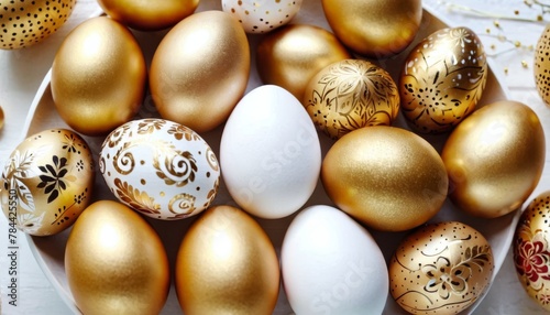 Beautiful Easter background with painted golden decoration on Easter eggs on white table. Top view and flat lay style