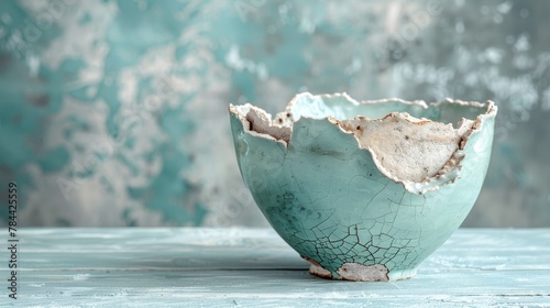  A broken eggshell atop a table, near a green vase with a separate cracked eggshell