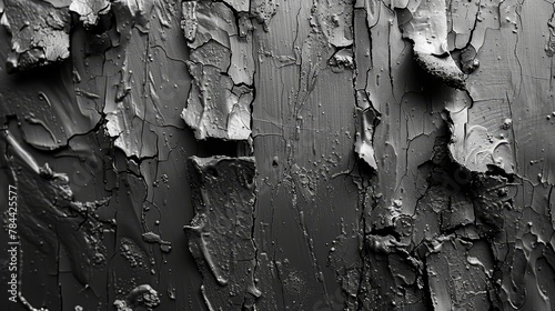  A black-and-white image of a wall adorned with peeling paint Peeling paint covers the entire surface