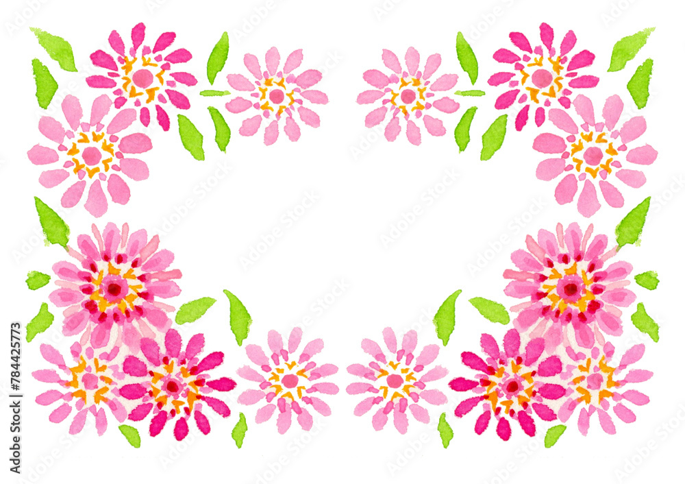 Frame with pink flowers. Watercolor. White color background.