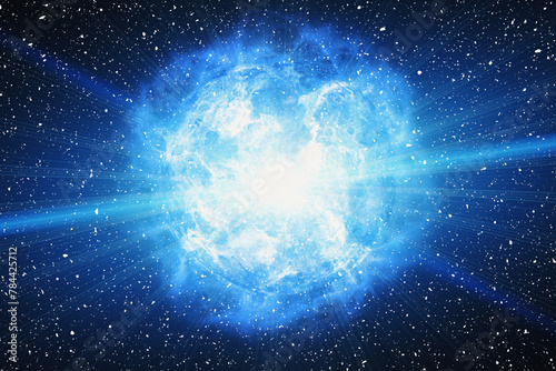 bright energy flash in center image with space stars and dust. The illustration was made using Photoshop plugins, not AI