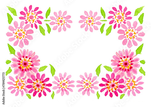 Frame with pink flowers. Watercolor. White color background.