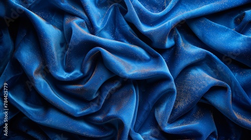  A tight shot of a blue fabric, sporting golden speckles in its center, exudes a soft texture