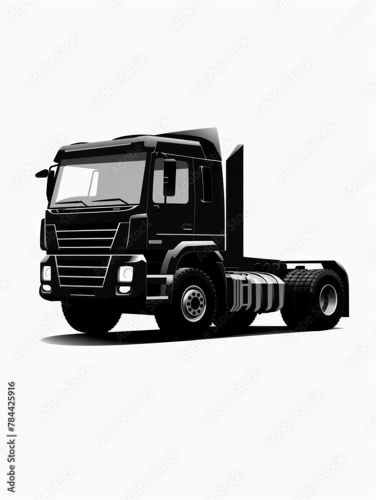 A black semi truck with a flat bed, perfect for transportation industry