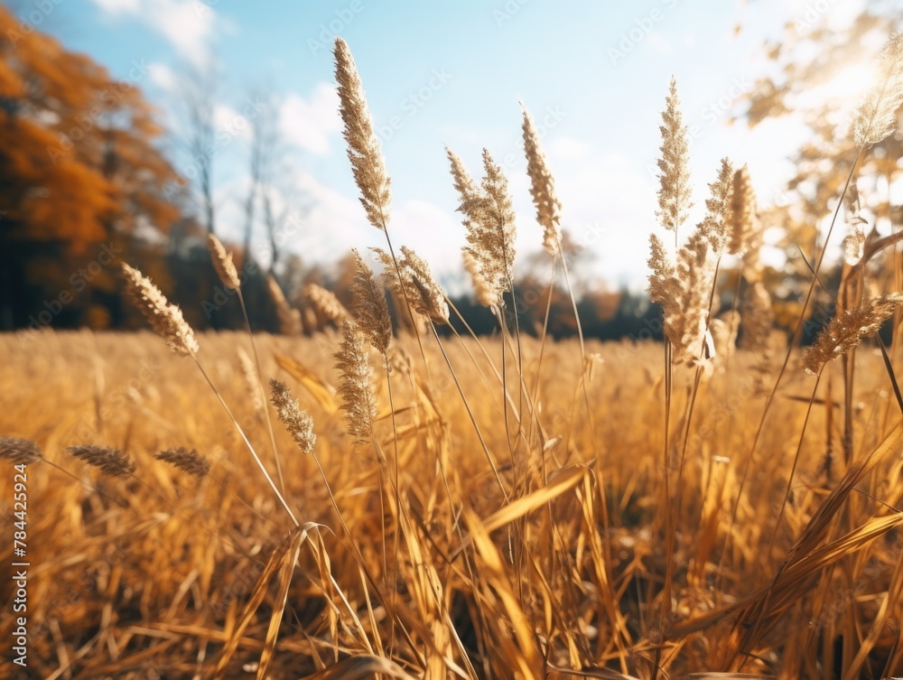 A serene view of a field of tall grass with trees in the background A serene view of a field of tall grass with trees in the background