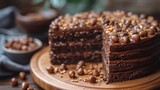   A chocolate cake on a wooden platter, topped with chocolate frosting and nuts A slice has been carefully cut out