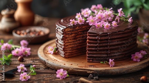 A chocolate cake atop a wooden cutting board, surrounded by cake slices and pink blooms