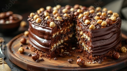  sliced, featuring nuts, chocolate frosting
