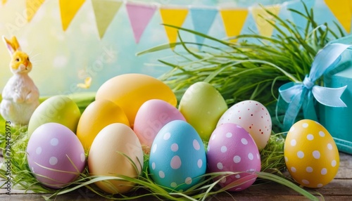 Beautiful postcard with Easter decoration and painted colorful Easter eggs. Banner