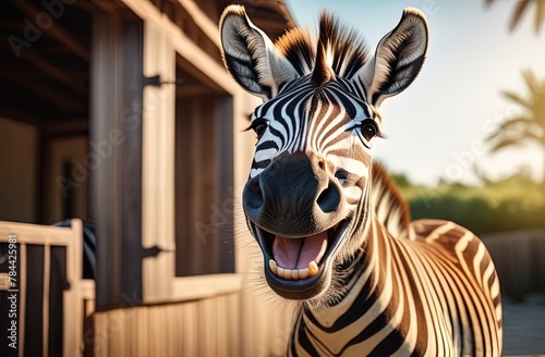 Zebra smiles. Zebra with mouth open looking like it is laughing and happy. Funny zebra with wide smile