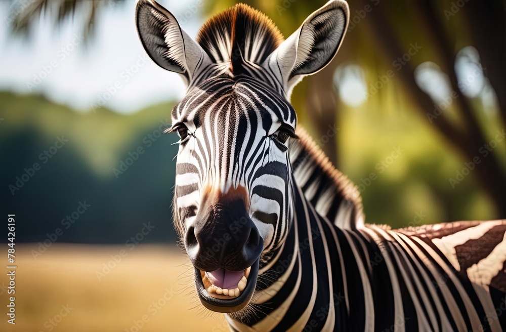 Naklejka premium Zebra smiles. Zebra with mouth open looking like it is laughing and happy