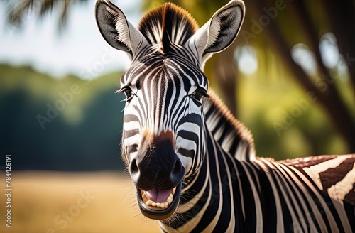 Zebra smiles. Zebra with mouth open looking like it is laughing and happy