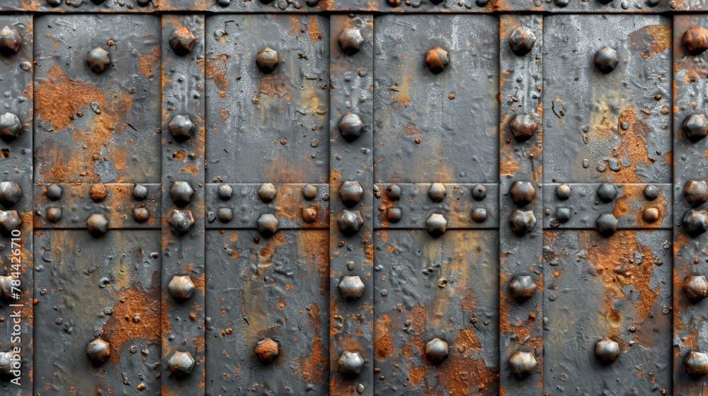 A tight shot of a metallic surface, adorned with rivets lining its edge A tight shot of a metallic surface, adorned with rivets lining its edge