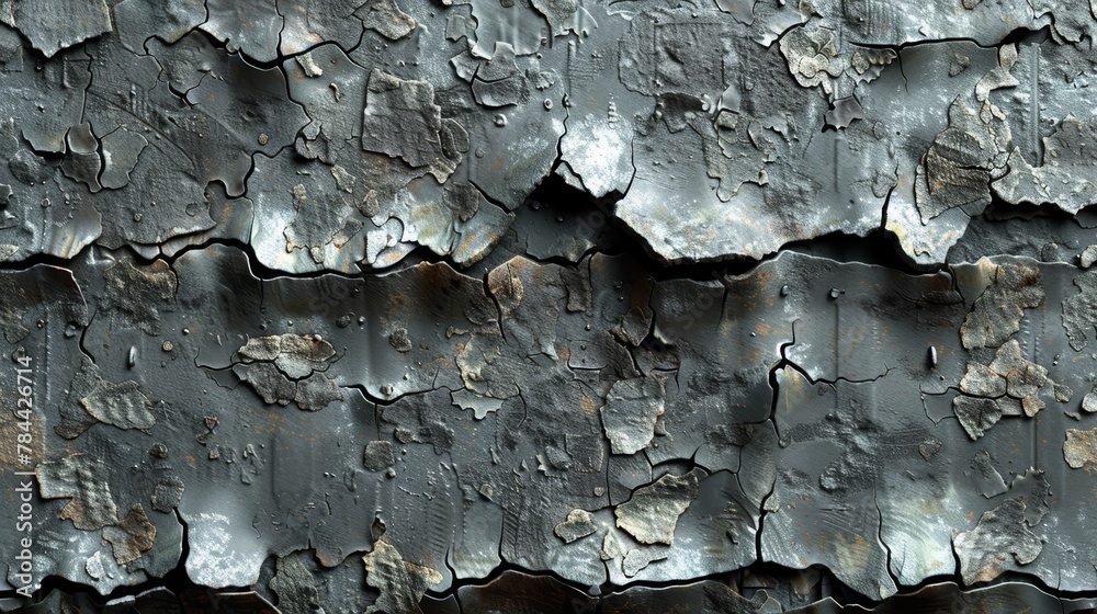   A tight shot of silvers-painted wood with peeling paint edges