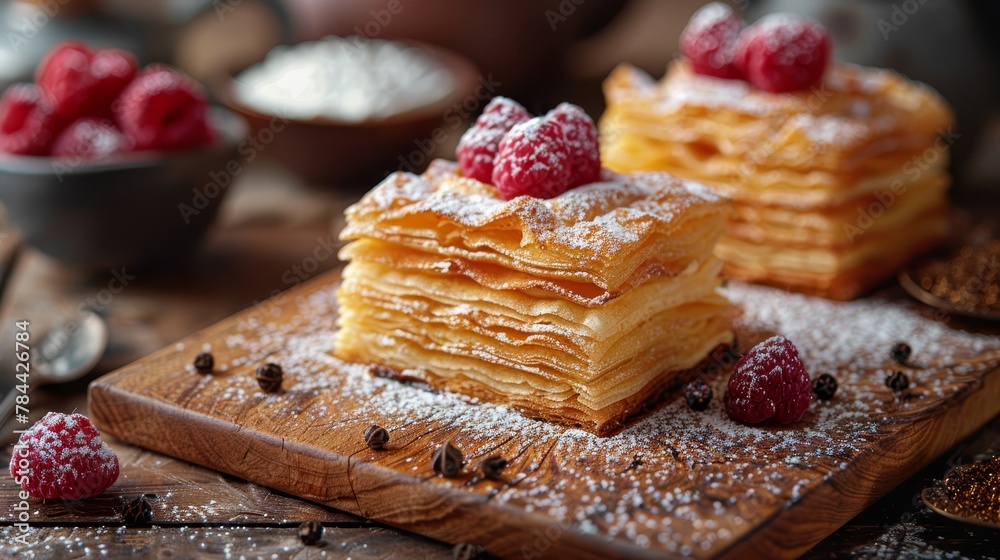   A wooden cutting board holds a stack of pancakes, dusted with powdered sugar Nearby, bowls of the sweetener and fresh raspberries wait