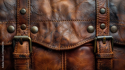  A detailed shot of a brown leather bag, adorned with rivets on its front